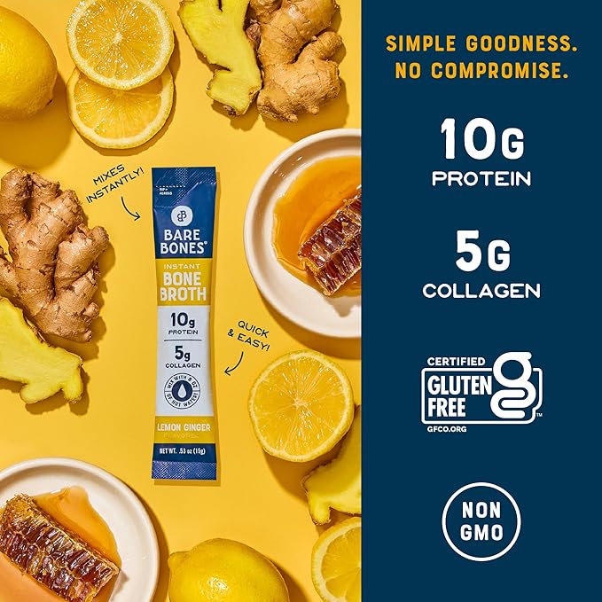 Bare Bones Bone Broth Instant Powdered Mix, Lemon Ginger, Pack of 16, 15g Sticks, 10g Protein, Keto & Paleo Friendly Bone Broth Packets