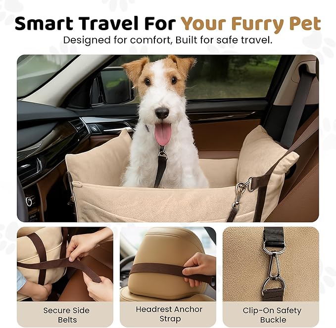 Booster Cozy Dog Car Seat for Medium Dogs, Soft Dog Bed for Car, Safety Travel Bed & Portable Pet Carrier, Removable & Washable with Storage Pockets, Clip-On Safety Belt