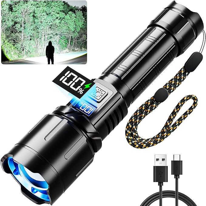 Rechargeable Flashlight 99000 High Lumens, LED Super Bright Flash Light, Tactical Flashlights with LCD Power Display, 6 Modes, Waterproof, Brightest Flashlight for Emergencies Camping