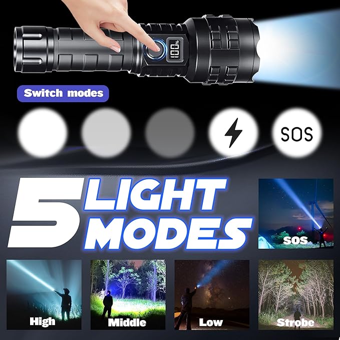 Flashlights High Lumens Rechargeable, 1000000 Lumens Hight Lumens Super Bright Handheld LED Flash Light,Powerful Emergency Linternas, Waterproof, Long Lasting, for Hiking Camping Gift