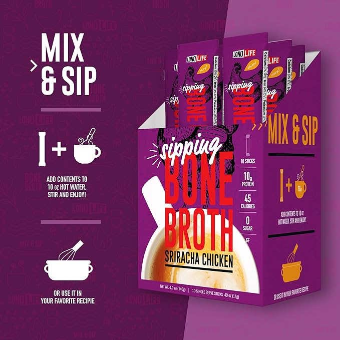 LonoLife Sriracha Chicken Bone Broth Powder Mix | 10g Protein | Collagen-Rich, Keto & Paleo Friendly | Natural Ingredients | 24 Portable Stick Pack Servings