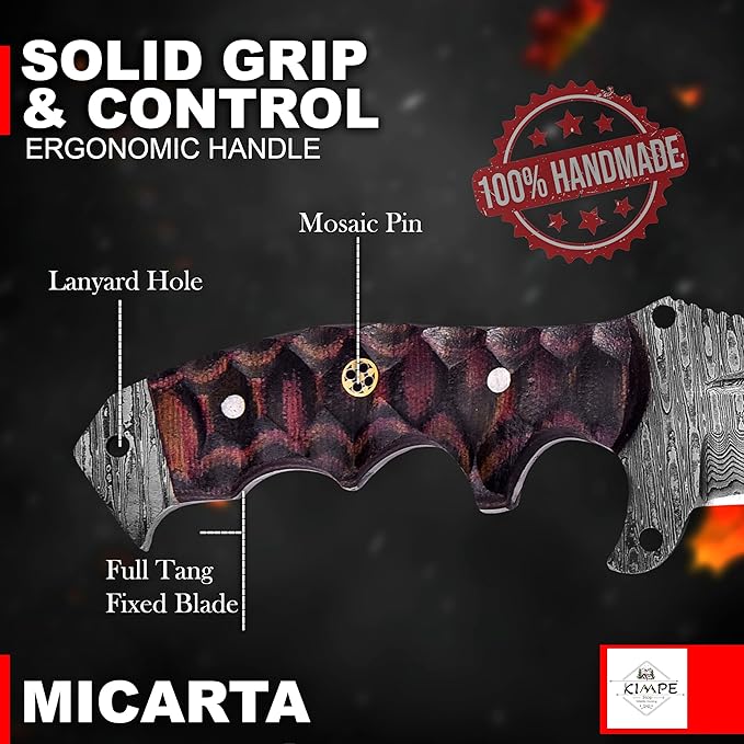 KIMPE 10.5?™â€?Damascus Hunting Knife with Leather Sheath-Fixed Blade EDC Knife-Bushcraft Knives-Wood Handle-Best Camping & Survival Knives-Knives for Men. (Micarta Red & Black)