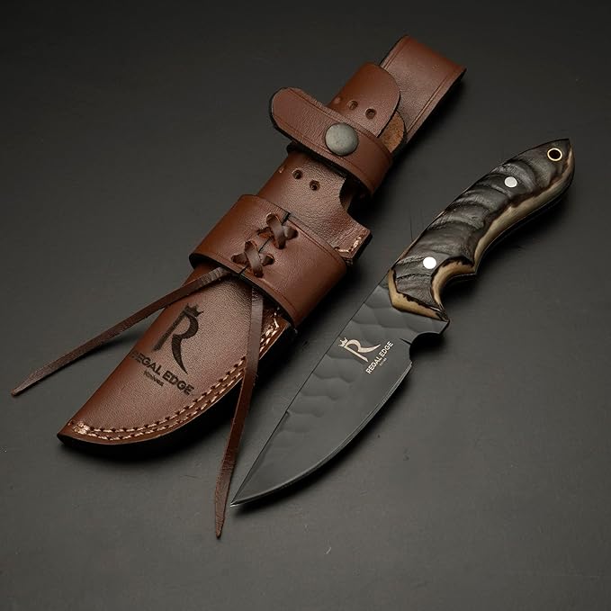 Fixed Blade Knife ??9" Black Coated Drop Point Hunting Knife With Leather Sheath - Full Tang 1095c High Carbon Steel - For Outdoor Use
