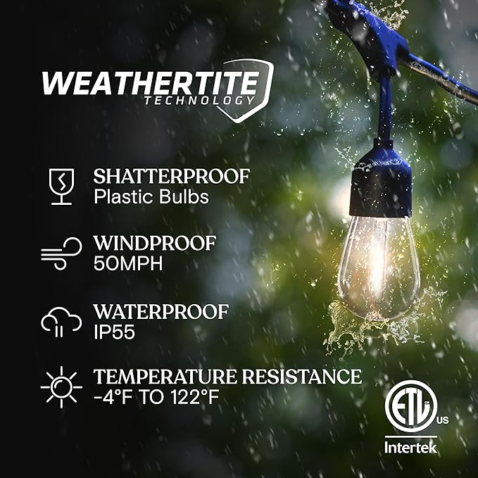 Brightech Ambience Pro 27 Ft Solar Powered Outdoor String Lights - Commercial Grade Waterproof Patio Lights with Edison Globes, Shatterproof LED String Lights for Patio - 2W, Warm White, 12 Bulbs