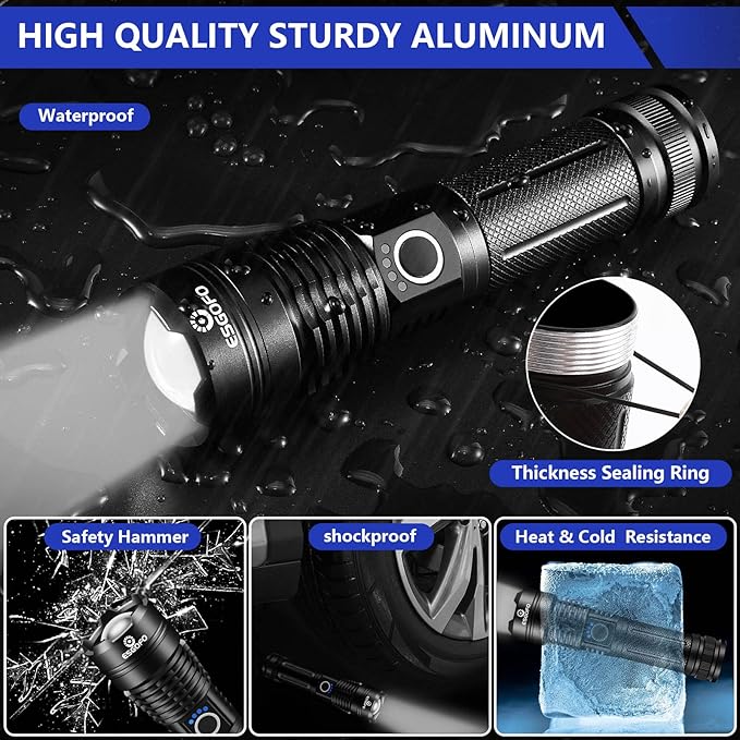 Esgofo Flashlights High Lumens Rechargeable, Super Bright Handheld LED Flash Light, Powerful Emergency Linternas, Waterproof, Long Lasting, for Hiking Camping Gift