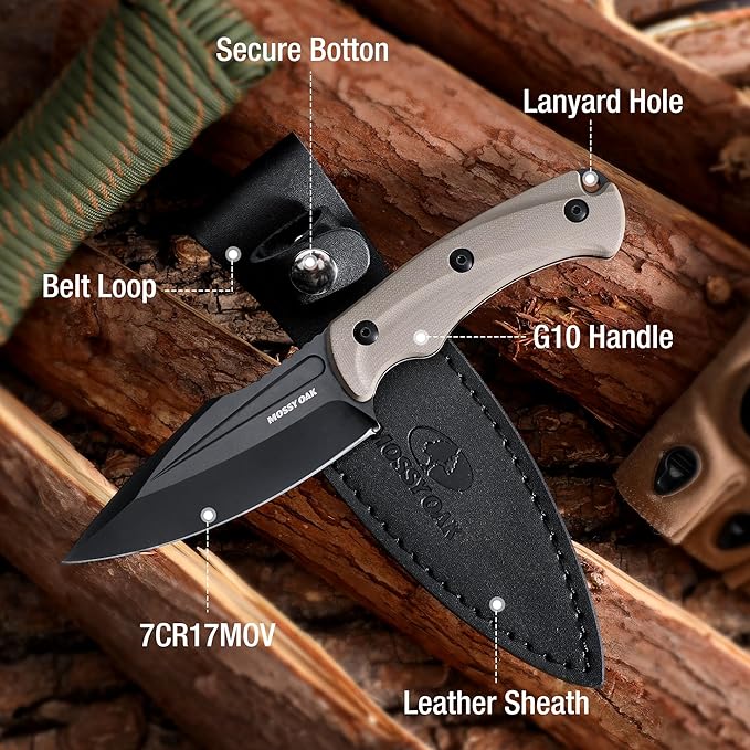 Mossy Oak Survival Hunting Knife with Sheath, 8.5-inch Full-tang Fixed Blade Knife, Outdoor Knives for Survival, Camping, Hiking (G10 Handle-Desert)