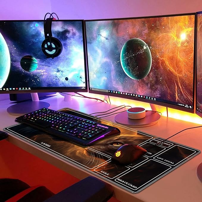Playmat for MTG with Magic Zones, 24 x 14 inches Game Play Mat for MTG TCG, Trading Card Game Play Mat Desk Mats with Stitched Edges Non-Slip Base, Two Black Cats Facing