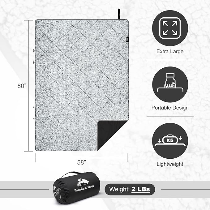 Sherpa Warm Outdoor Camping Blanket - Waterproof Stadium Blanket for Cold Weather, Camp, Sports Mom and Concert - Camping Quilt 80" X 58" (Black)