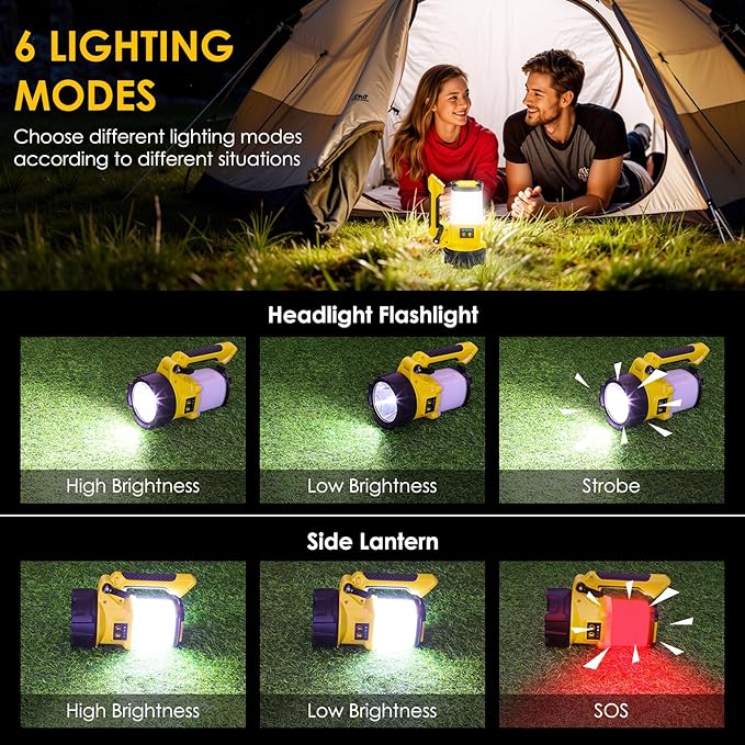 Tripod Rechargeable Camping Lantern, 6 Modes LED Flashlight Handheld Spotlight with 4000LM, 4400mAh Power Bank, IPX4 Waterproof Searchlight Work Light for Emergency Hiking Survival Kit - Yellow