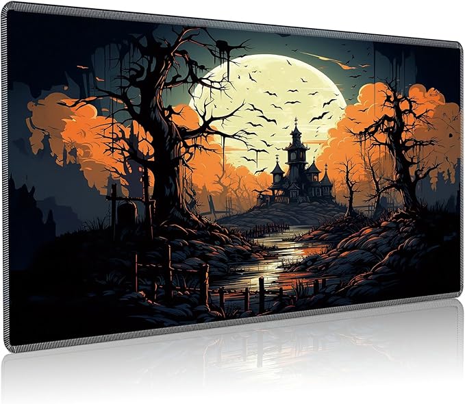 Playmat for MTG, 24 x 14 inches Game Play Mat for MTG TCG and Other Card Games, Trading Card Game Play Mat Desk Mats with Stitched Edges Non-Slip Base, Halloween Night B