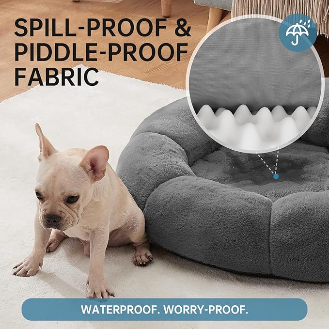 OhGeni 31 inches Calming Donut Orthopedic Dog & Cat Bed for Medium Pets, Warming Comfort Fluffy Short Pile Fur, Durable Waterproof Machine Washable Removable Cover, Round Bed for Puppy, Dark Gray