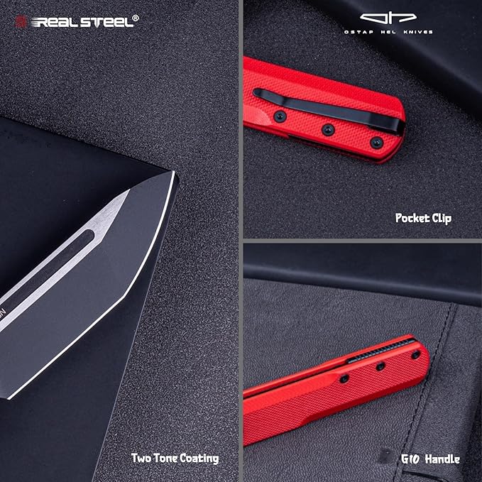 REALSTEEL G-Tanto Pocket Knife,Folding Knives,2.6" Nitro-V Blade,Double Detent Ball Slipjoint EDC,G10 Handle,2.2oz,Clip,Gift for Men Women Outdoor Indoor Daily Use Camping Hiking(Red Black)