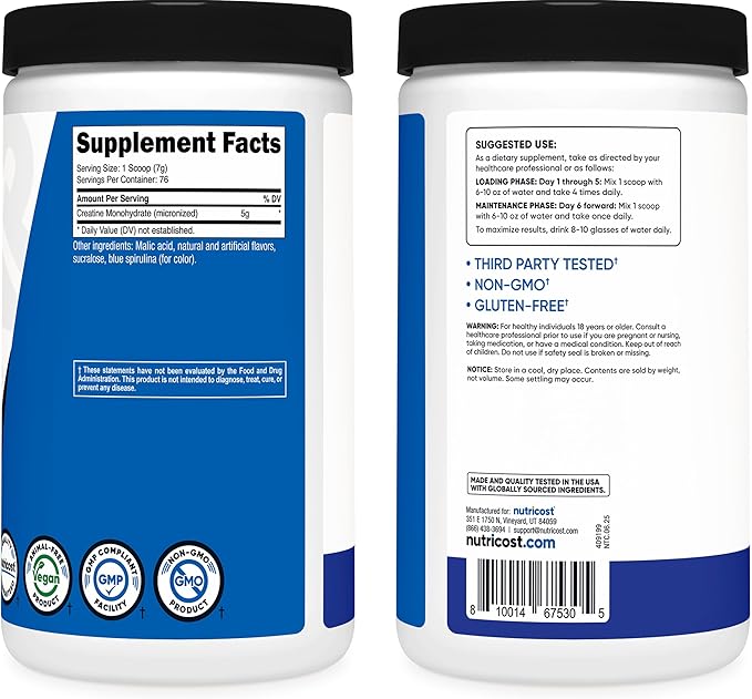 Nutricost Creatine Monohydrate Powder (Blue Raspberry), 500 Grams (1.1 LBS)