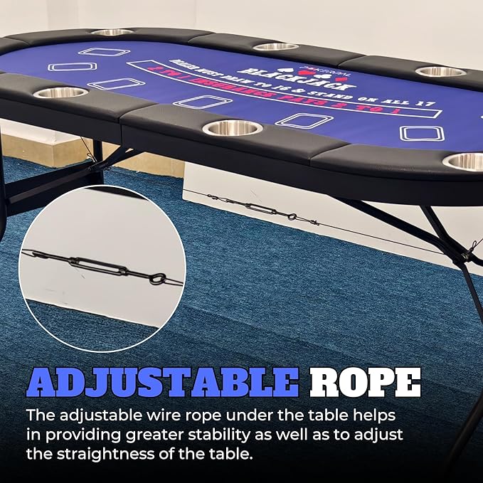 8 Player Poker Table with 2 Interchangeable Game mats, Texas Holdem Poker and Blackjack, Collapsible Casino Table with Padded Rails and XXL Cup Holders for Wine and Whiskey Glasses, (71 in)