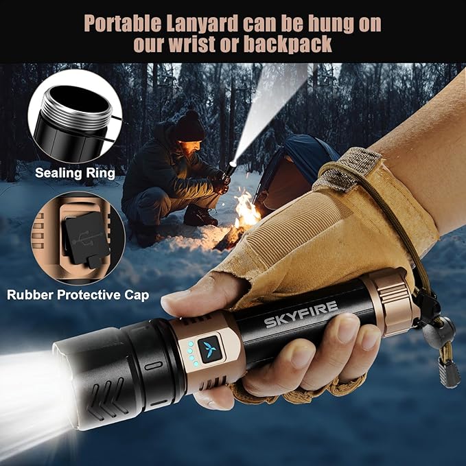 SKYFIRE LED Flashlights High Lumens with Ignition Lens,2000lm Super Bright Rechargeable Flashlight,Zoomable,Four Modes,Waterproof Tactical Flash Light for Camping Essentials,Outdoor,Home&Gifts