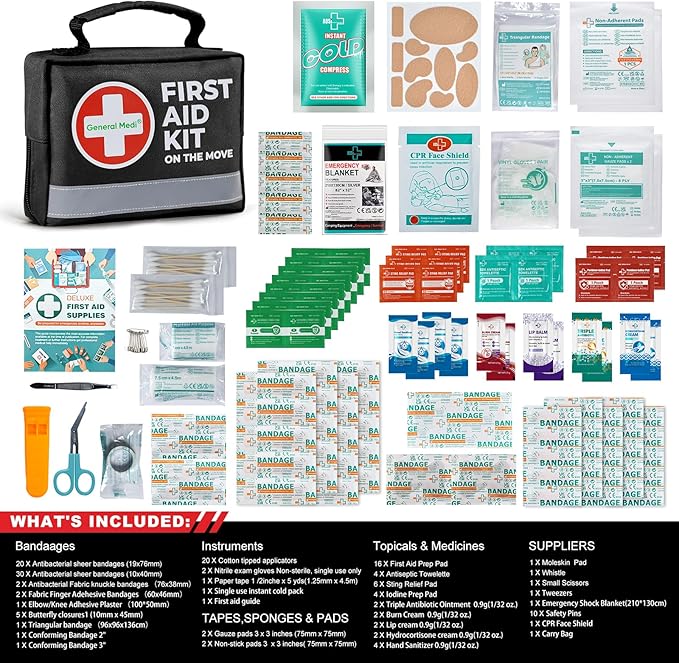 General Medi First Aid Kit - 150 Pieces Small Compact First Aid Kit Bag - Includes Instant Cold Pack, Emergency Blanket for Travel, Home, Office, Vehicle, Camping