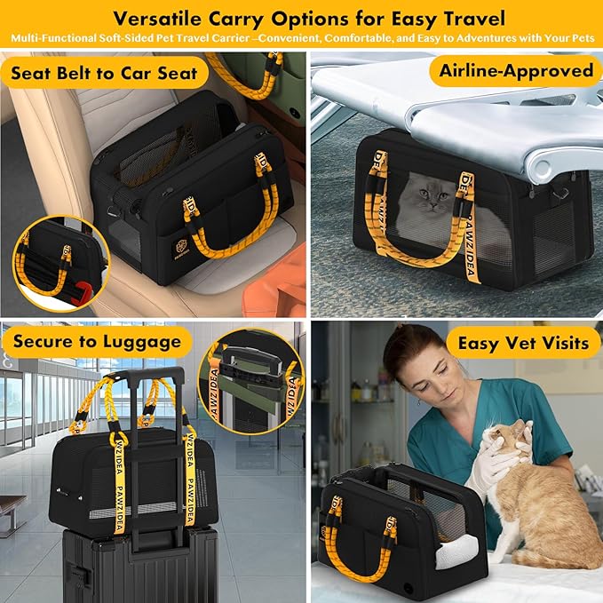 PAWZIDEA Center Console Dog Car Seat, Enclosed Secure Armrest Booster Seat for Small Dogs & Cats up 12lbs, Soft-Sided Travel Pet Carrier Safety Straps, Removable Pillow, Storage Pocket, Shoulder Strap