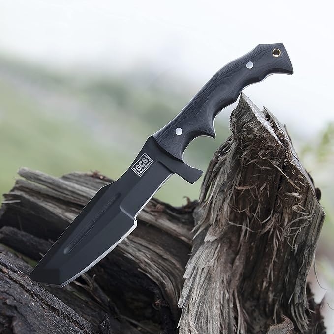 GCS Handmade D2 steel Hunting Knife G10 Handle Fixed Blade Knife Right Hand Scout Carry Buffalo leather Sheath and Sharpening Stone for Hunting Camping Survival and EDC