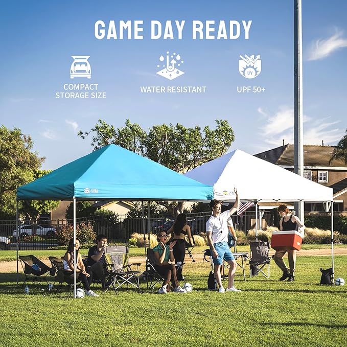 CROWN SHADES 8x8 Pop Up Canopy, Patented Center Lock One Push Instant Popup Outdoor Canopy Tent, Newly Designed Storage Bag, 8 Stakes, 4 Ropes, Silver-Coated Sky Blue