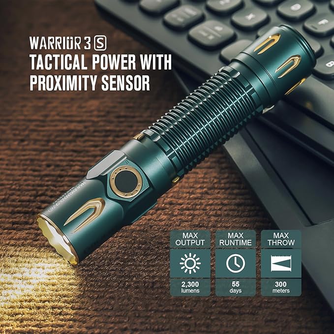 OLIGHT Warrior 3S 2300 Lumens Rechargeable Tactical Flashlight, Compact Dual-Switches LED Bright Light with Proximity Sensor, Powered by Customized Battery for Emergency (Dream Blue)