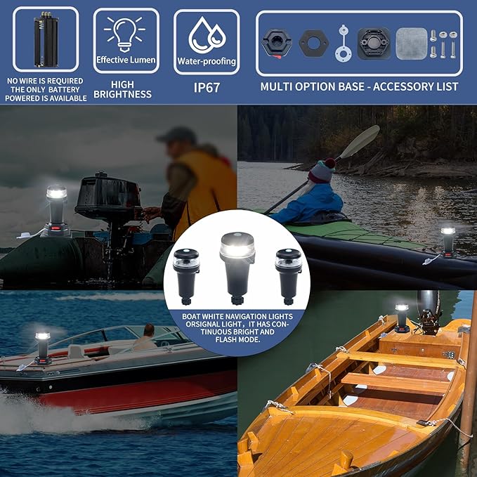 Kayak Battery Portable Navigation LED Lights Multi- Adaptors 3AA Battery Inflatable Boat Surface Mount Adhesive Base (White (With Fixed Base))