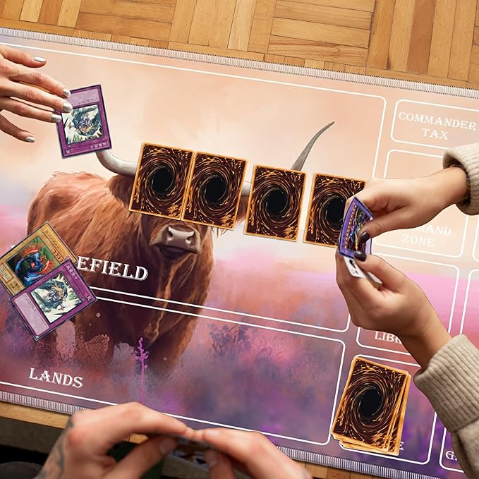 Playmat for MTG with Magic Zones, 24 x 14 inches Game Play Mat for MTG TCG, Trading Card Game Play Mat Desk Mats with Stitched Edges Non-Slip Base, Watercolor Painting Cow