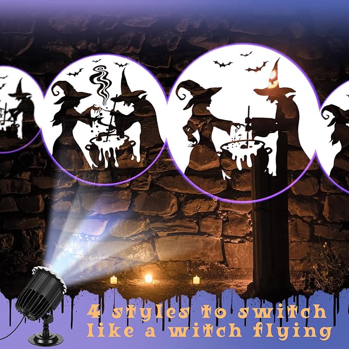 Halloween Projector Light with 1 Film Slides Holiday LED Projector Lights Outdoor Reflectors Waterproof Landscape Decorative Rotation Lighting Movement Projection Lamp(Witches Poison)