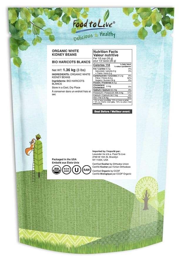 Food to Live Organic White Kidney Beans, 3 Pounds Whole Raw Dried Beans, Vegan, Kosher, Bulk. Rich in Dietary Fiber and Protein. Perfect for Soups, Stews, Chili, Paste, Salads and Side Dishes