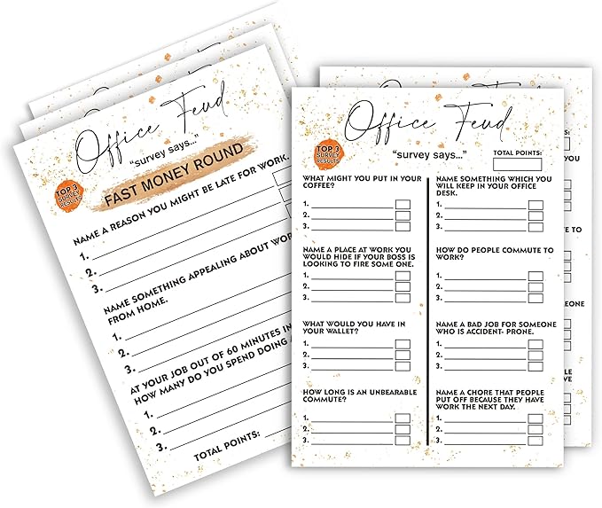 Tuyashua Office Party Feud Games, Work Party Games, Team Building Group Game, Great for Coworker or Adult Trivia Game - 30 Office Feud Cards and 3 Fast Money Round Cards (01)