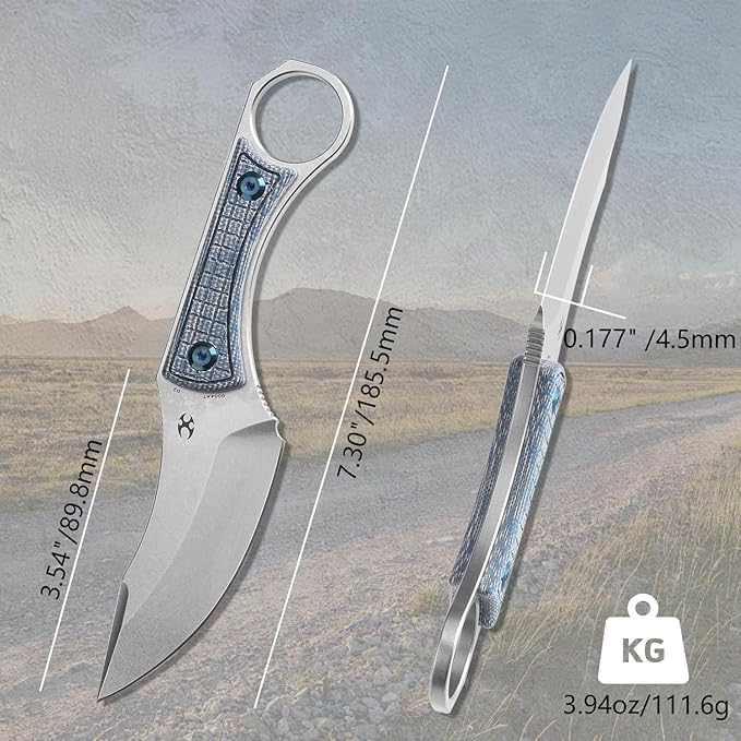 KANSEPT Niko Fixed blade Knife with Sheath, 3.54'' Stonewashed D2 Sharp Blade and Blue Micarta with Frag Pattern Handle, Adjustable Kydex Sheath for EDC, Fixed Knifes for Camping Hiking Fishing G004A7