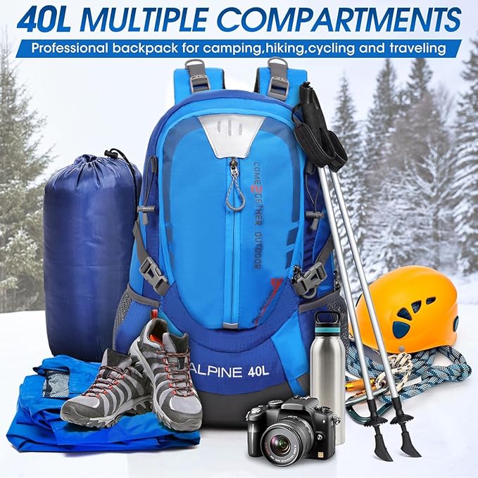 Hiking Backpack Camping 40L Outdoor Daypack Lightweight Travel Backpack with Rain Cover for Women Men (Blue)