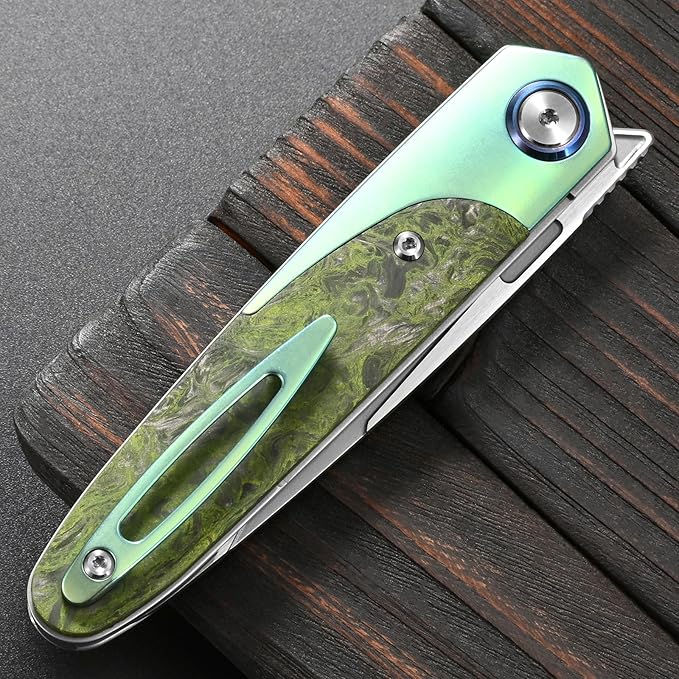 Sitivien ST992 Folding Pocket Knife,Handmade M390 Pearlescent Brushed Steel Blade,Titanium Carbon Fiber Handle EDC Tool Knife for Outdoor Camping,Hiking,Survival,Hunting(Green) … … …