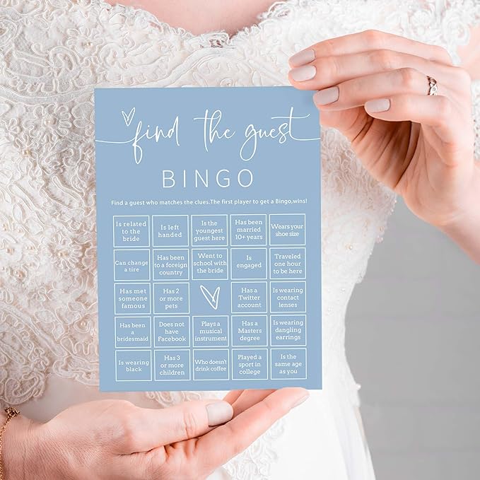 Wedding Shower Games Cards, 25Pcs Prefilled Find The Guest Bingo Game Cards, Engagement Party Games for Guests, Minimalist Blue Wedding Party Supplies - B19