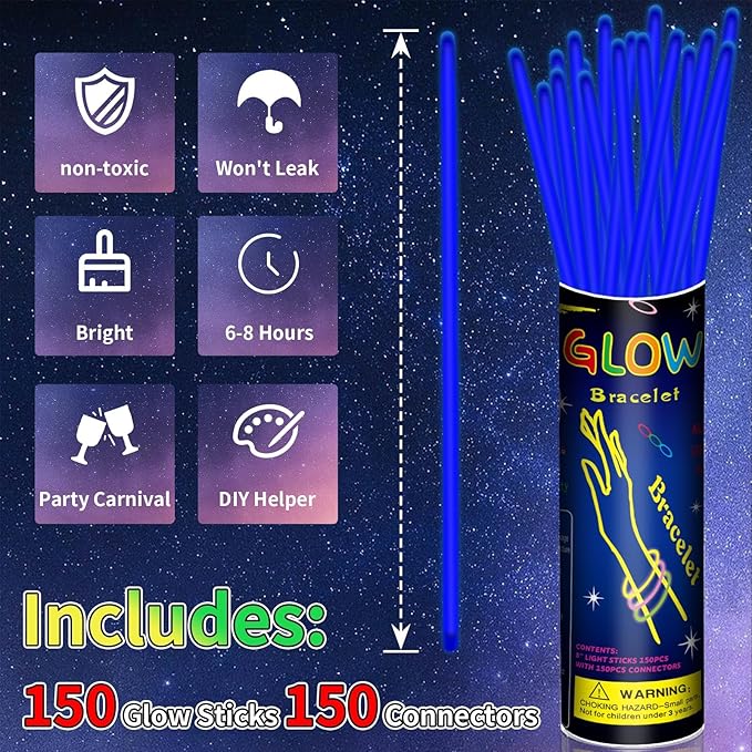 150 Pack 8” Blue Glow Sticks Bulk with 150 Connectors Neon Glow In The Dark Party favors Supplies for Holiday Birthday Party Decoration (Blue)