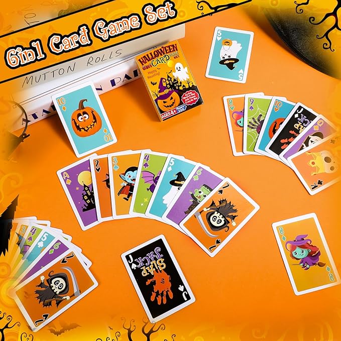 1 Deck 6 In1 Halloween Kids Card Games Go Fish Old Maid Slap Jack for Ages 4 and up Boys Girls Family Board Game Night Basket Stuffers Party Favor Gift Classroom Activity Supply 2-6 Players