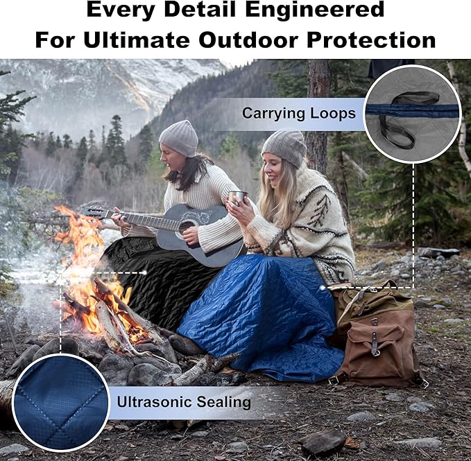 Waterproof Outdoor Blanket 92”X 60” Packable, Stadium Blankets for Camping with Sherpa Fleece Lining, Large Windproof Emergency Throw Mat for Garss Picnic Hiking Road Trip, Machine Washable, Navy