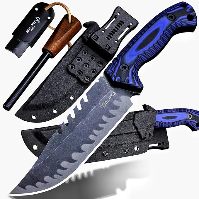 BA-KOR 12.4in Full Tang Fixed Blade Hunting Knife ??6mm 9CR18MoV Steel, G10 Handle, Stonewashed Sawback Blade with Kydex Sheath & Fire Starter for Outdoor, Camping, Survival (Blue and black stripes)