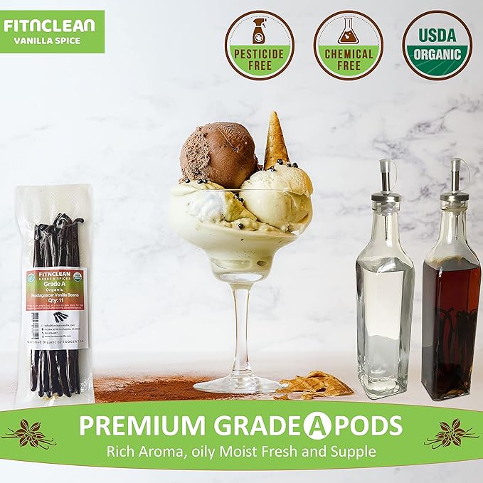 11 Madagascar Organic Vanilla Beans Grade A. Certified USDA Organic. ~6" by FITNCLEAN VANILLA for Cooking, Extract and Baking. Bourbon Fresh Gourmet NON-GMO Whole Pods