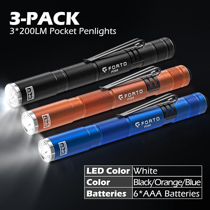 FORTO LED Pen Light, 200 Lumens Pocket Flashlight, IP67 Waterproof, 2 Modes, 2 Pack with AAA Batteries, Lightweight & Durable for Inspection, Medical Use, Emergency(3-Pack Mix)