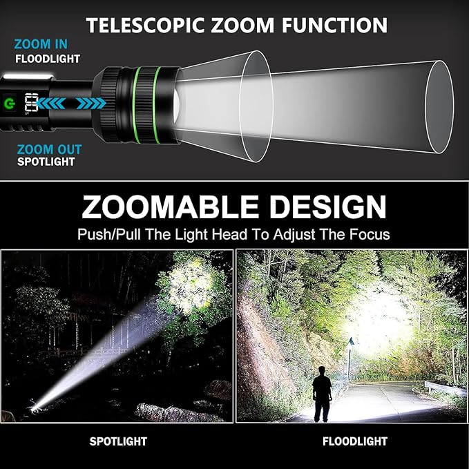 KZK Extremely Bright Rechargeable Flashlight, 9000 High Lumens LED Flashlights with Long Handle,Powerful Handheld Flashlight with 11 Light Modes & Waterproof & Zoomable for Home, Camping, Emergencies