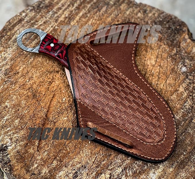 Bushcraft Survival Knife12T27 Damascus Steel Fixed Blade outdoor Knife - Pancake Leather Sheath - Traditional Field Knife for Camping Knife, Fishing, Hunting Knife, (RED)