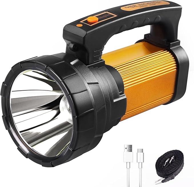 1200LM Rechargeable Spotlight Flashlight, IP67 Waterproof Handheld Flashlight with 3400mAh, 30H Runtime, USB Output, Led Spotlight with Shoulder Strap for Outdoor Camping Hunting Emergency