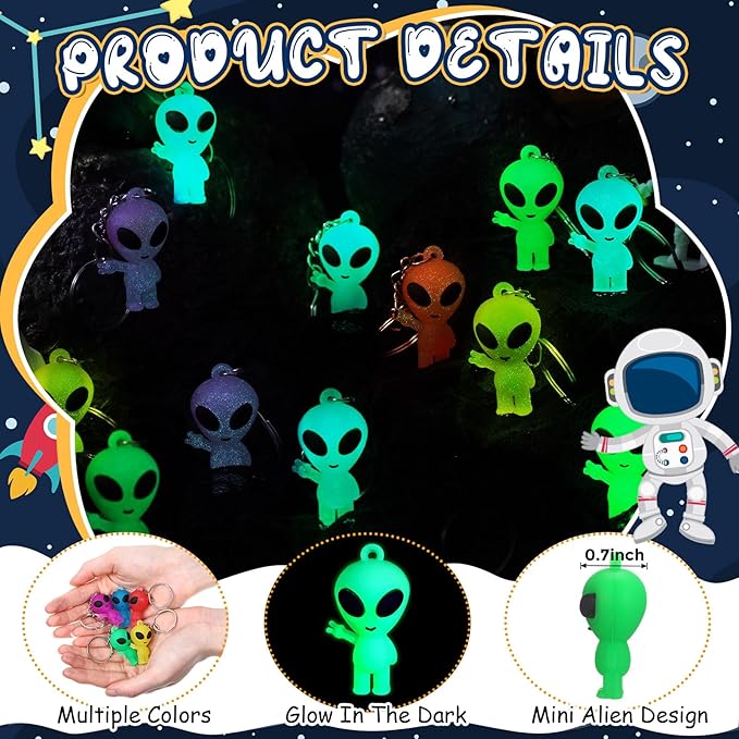 24 Pcs Alien Party Favors Alien Keychains Glow in The Dark Space Keychain Mini Aliens Figures Little Bulk Gift Prizes Goodie Bag Piñata Halloween Stuffers for Music Festival Easter (Colorful)
