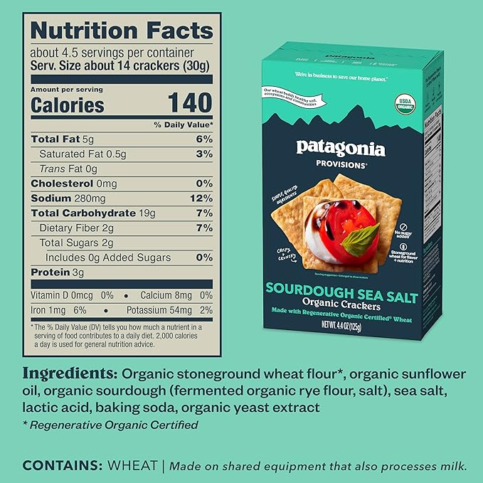 Patagonia Provisions Organic Sourdough Sea Salt Crackers – 3g Plant Protein Per Serving – Made with Wheat Flour & Sea Salt – Non-GMO, No Added Sugar - Crispy & Crunchy