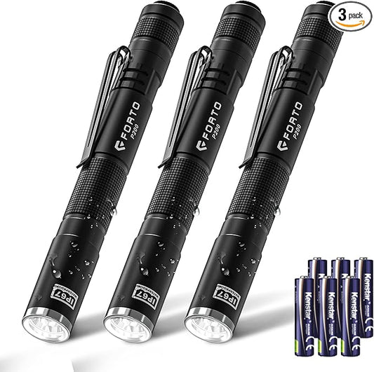 FORTO LED Pen Light, 200 Lumens Pocket Flashlight, IP67 Waterproof, 2 Modes, 2 Pack with AAA Batteries, Lightweight & Durable for Inspection, Medical Use, Emergency(3-Pack Black)