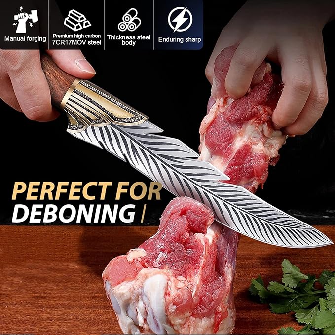 ROCOCO Feather Viking Knife Japanese Boning Knife with Sheath Outdoor Camping BBQ Collection Birthday Father Mother Christmas Gift Idea Men 6.5"