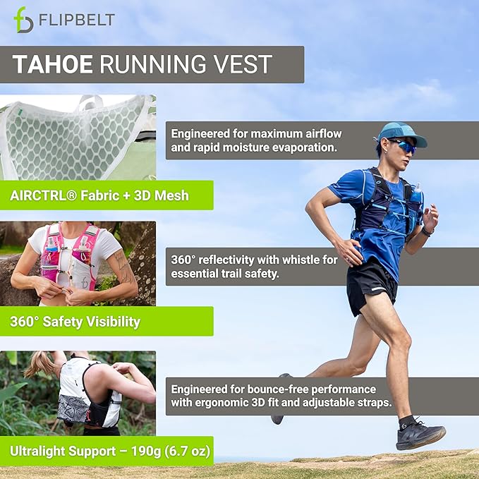 FlipBelt Tahoe Hydration Vest ??Ultralight Running Vest for Men & Women ??Includes Two 500ml Soft Flasks ??Trail, Marathon, and Long-Distance Race Pack