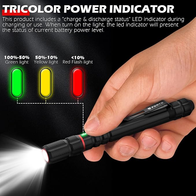 FORTO Rechargeable Pen Light Flashlight, 400 Lumens Small Pocket Flashlight with Clip, IP67 Waterproof, 2 Light Modes, 3-Color Battery Indicator, Type-C Charging, for Inspection,Emergency(2 Pack)