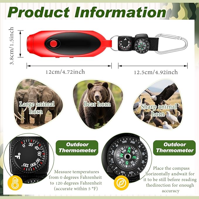 1 Set 125db Electronic Bear Horn with Compass & Thermometer for Hiking Loud Air Horn to Scare Bears Self Defense for Hiking Outdoor Emergency Camping Protection (4.72×1.5 Inch, Red)