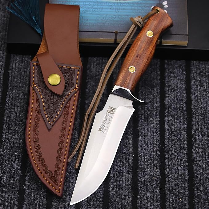 (USA 440C steel 10.5 inch outdoor hunting knife + leather sheath, suitable for outdoor travel, camping, survival, fishing, holiday gifts